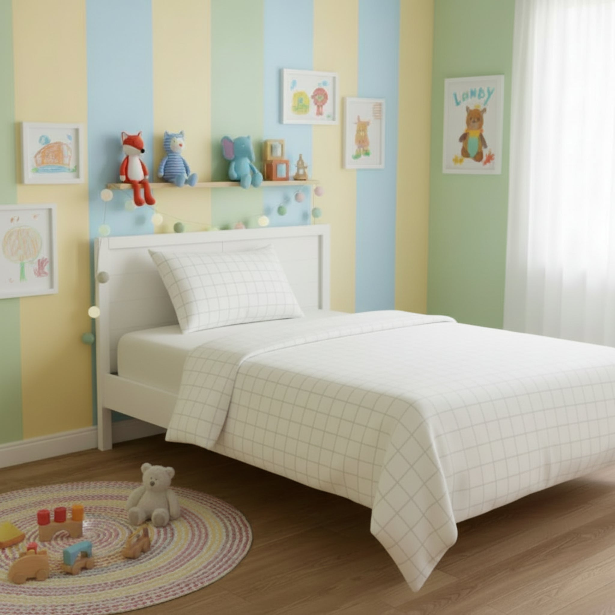 Summer White with grey squares single bed set (2 pieces) image 0