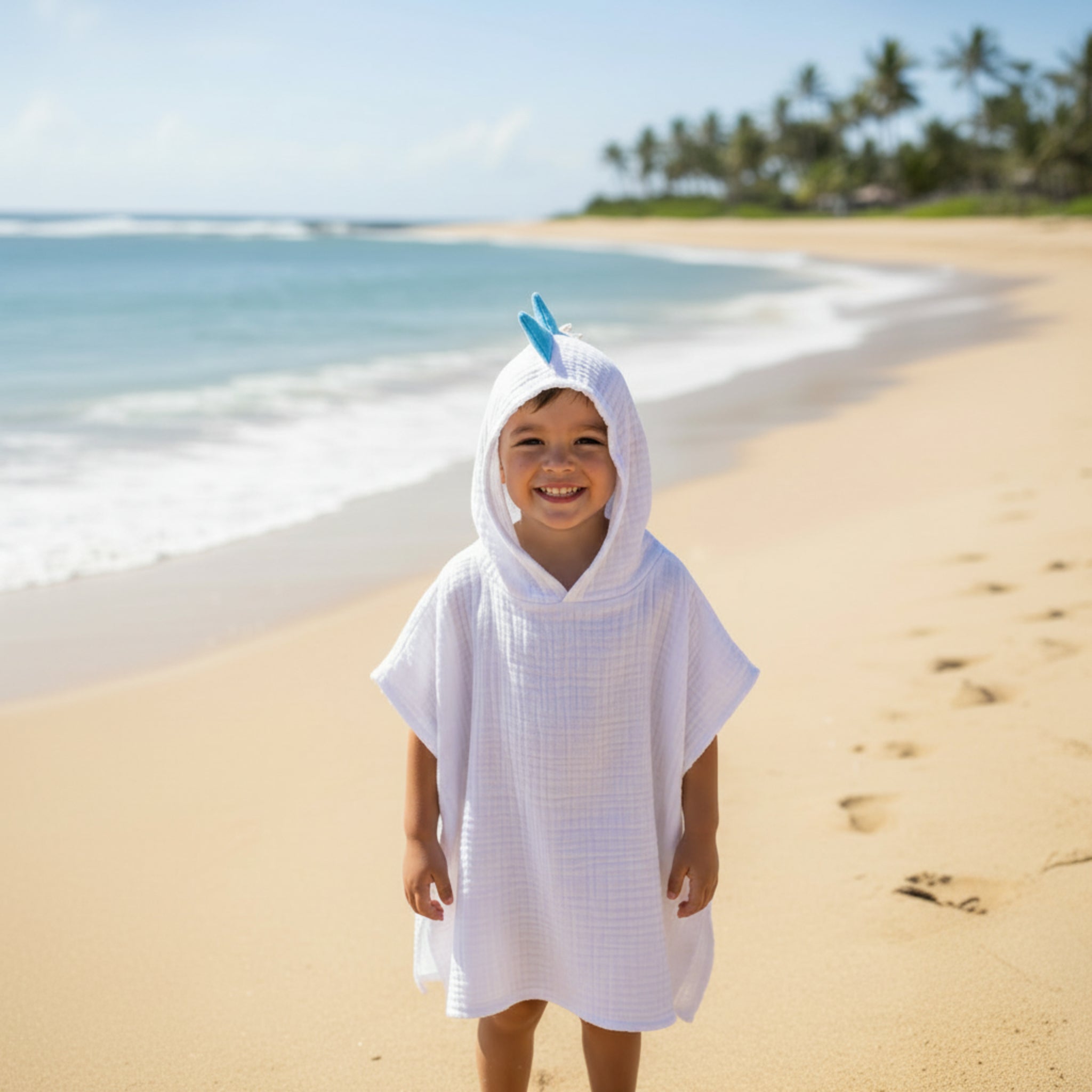 White blue Dino cotton muslin beach poncho image 0