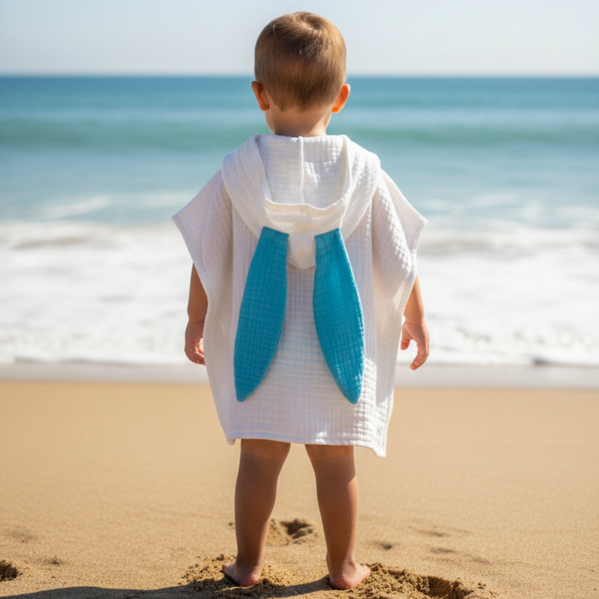 White rabbit with blue ears cotton muslin beach poncho image 0