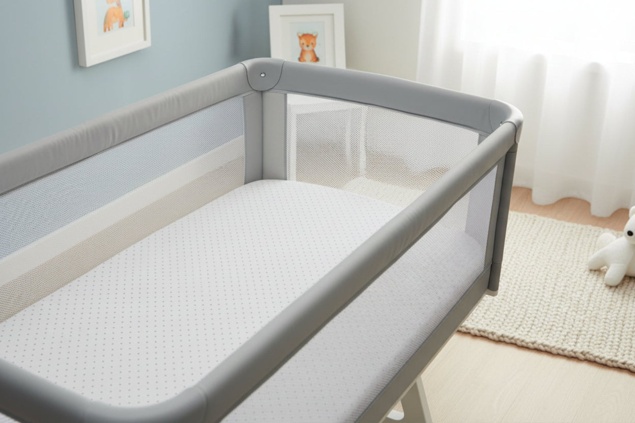 Pack of three Next2me Fittedsheets - White with grey dots image