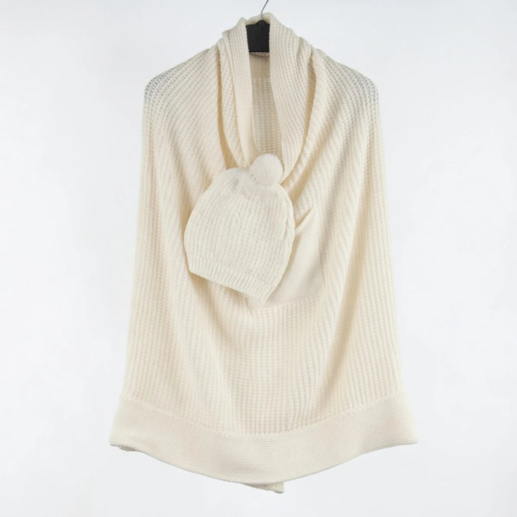 Single-layer knit blanket with a beanie and pocket