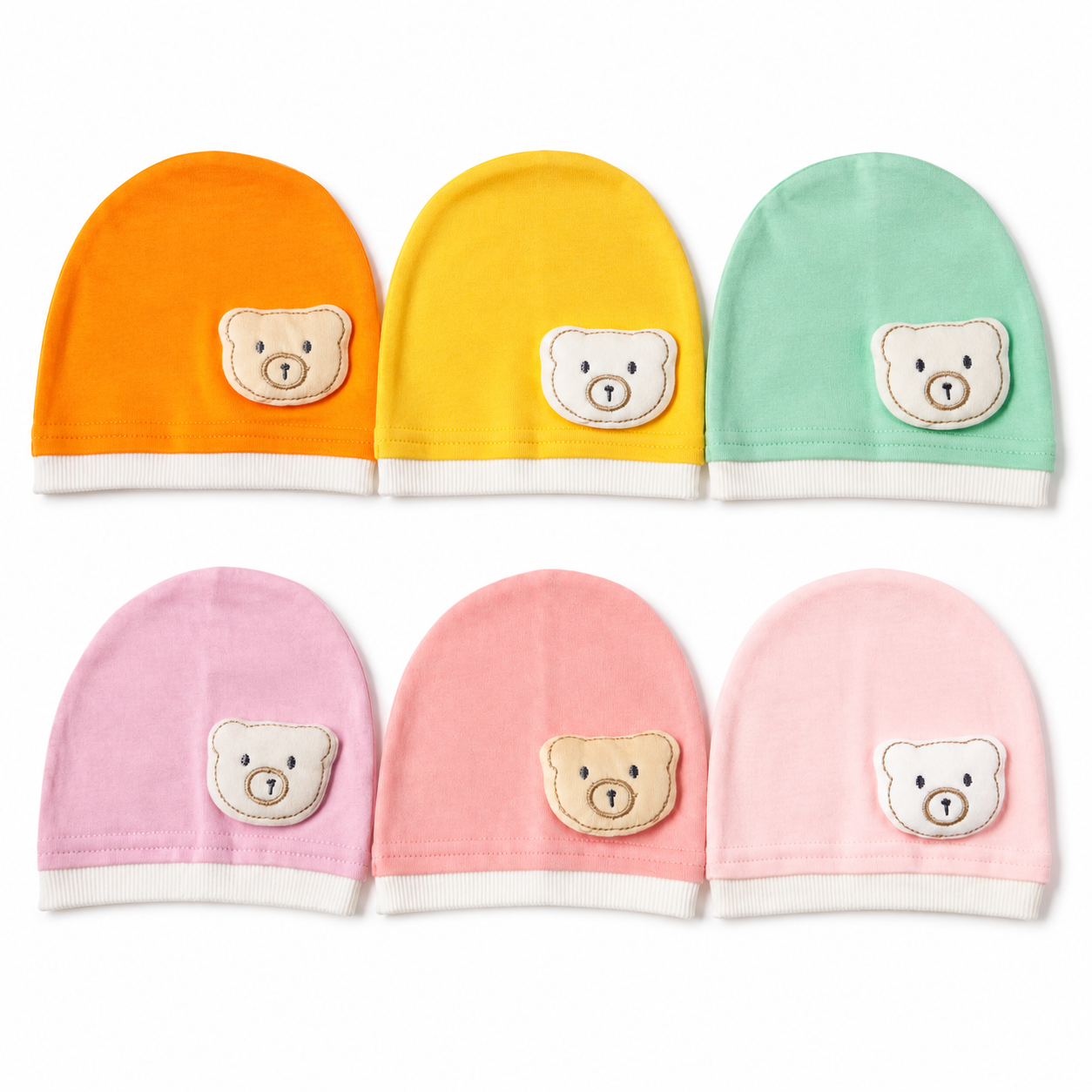 Collection of 3 newborn cotton beanies with teddy bear