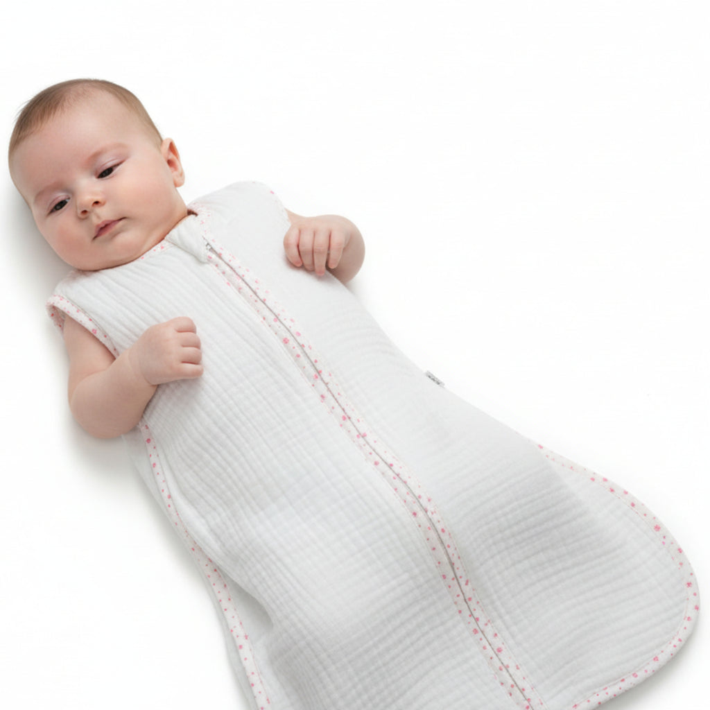 White with pink stars Muslin Sleeping Bag - 0-6 months image